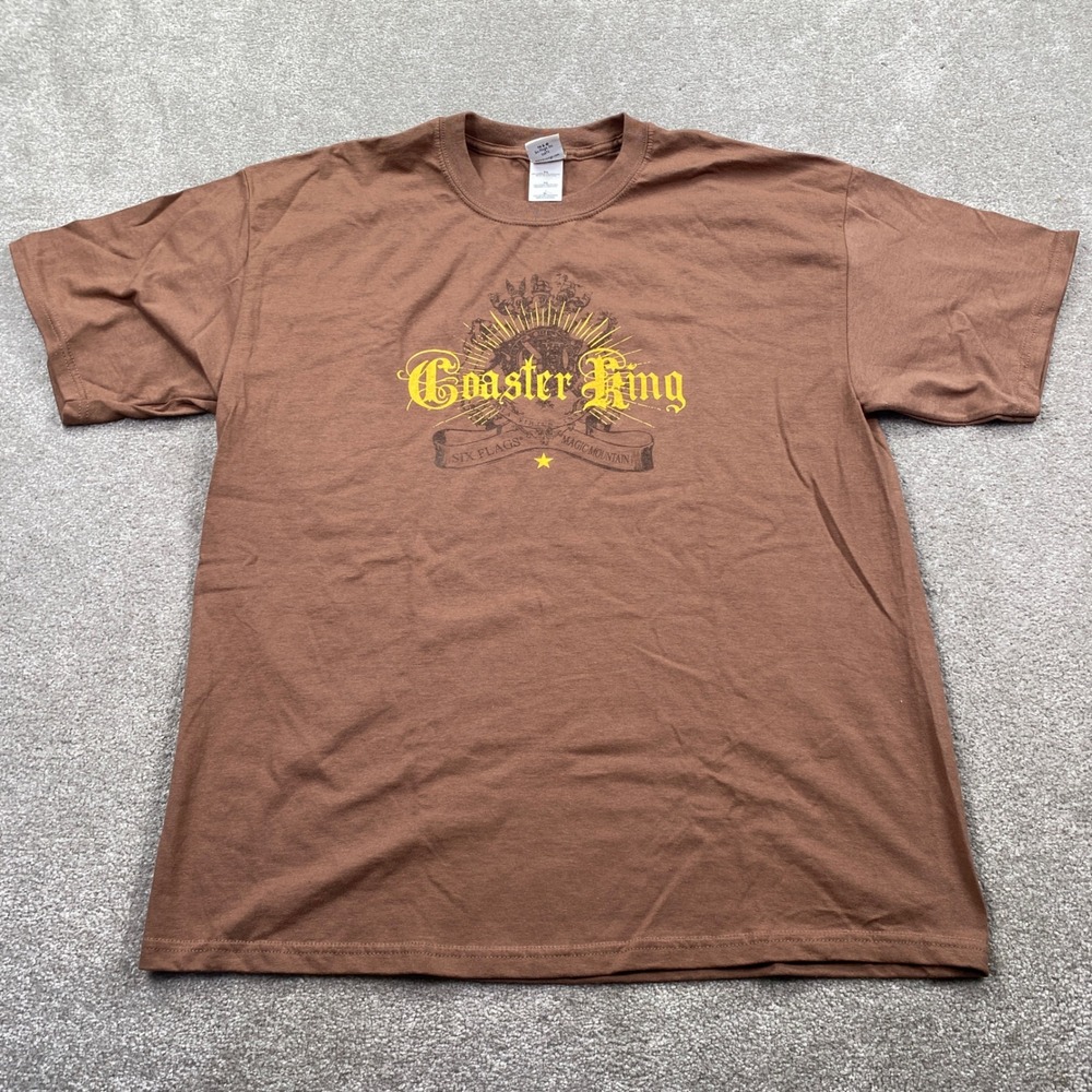 Six Flags Coaster King Shirt Mens XL Brown Magic Mountain Graphic Tee 2007